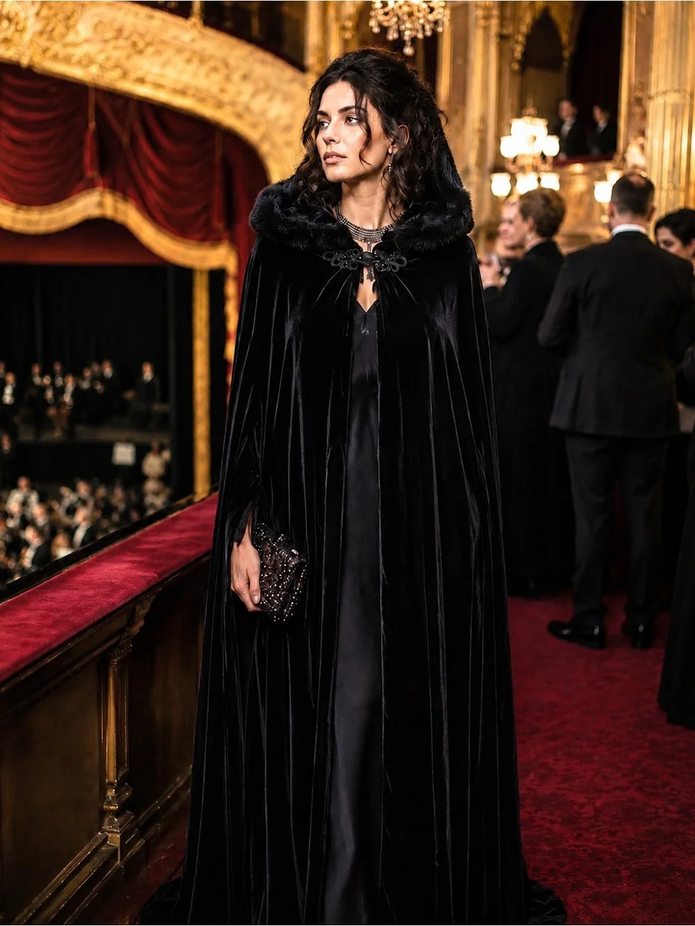 Tom Barra Vintage Women's Black Velvet Faux Fur Hooded Opera Cloak Cape One Size
